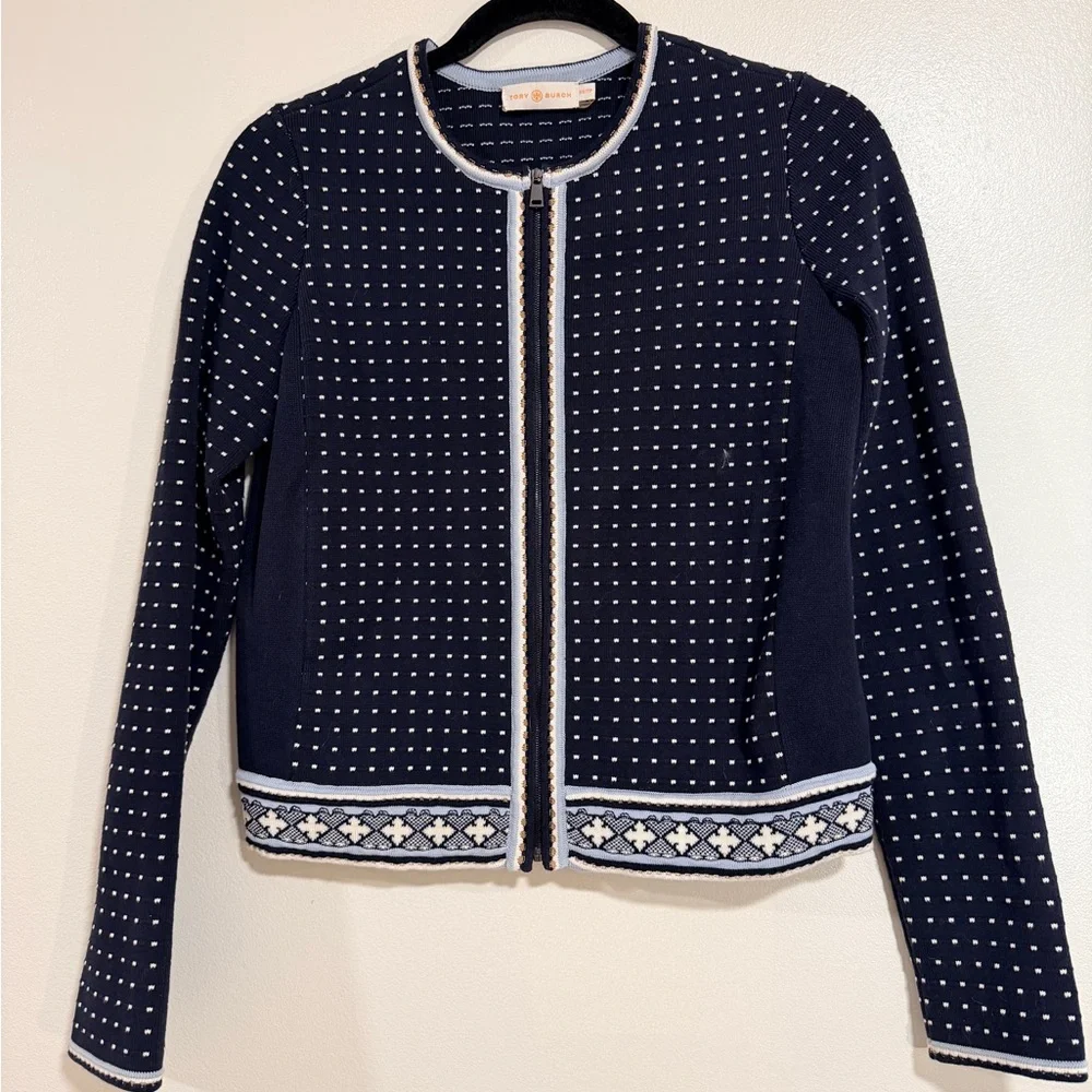Tory Burch Navy Cardigan Sweater Long Sleeve Zipper Sweater Cotton &Nylon Blend